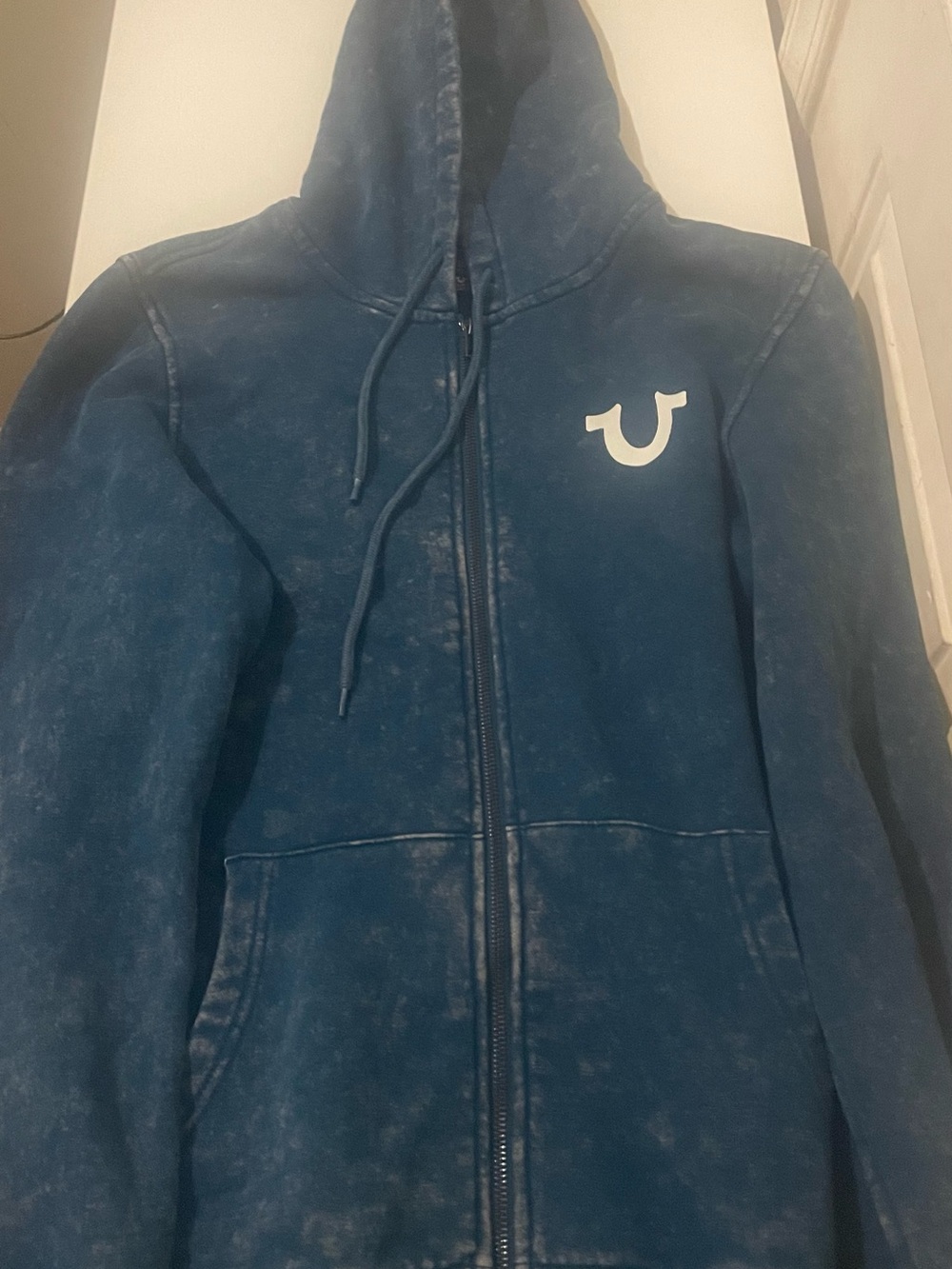 Blue True Religion Zip-Up Hoodie with Horseshoe Logo